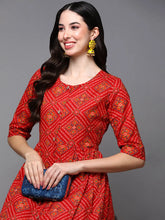 Cotton Red Bandhani Printed Flared